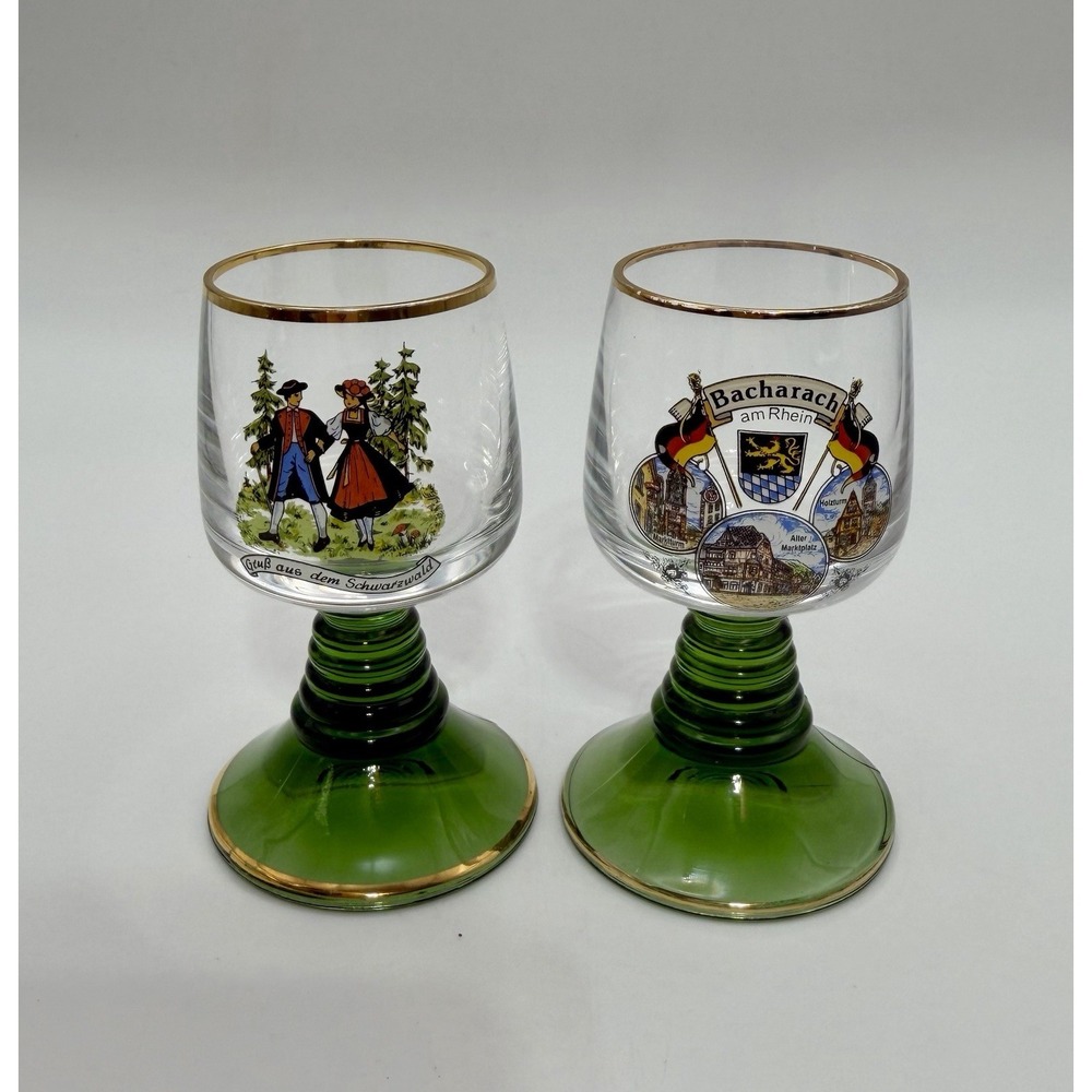 Vintage Bacharach German Beehive Green Gold Stem Wine Glass Goblet Set 2pc